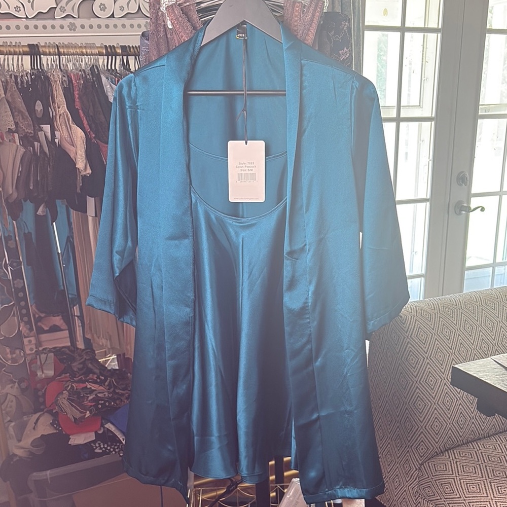 Elegant Teal Satin Robe and Nightgown Set